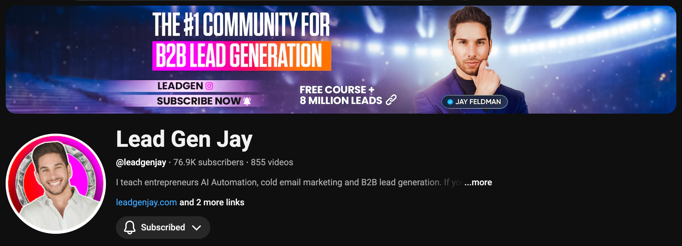 Lead Gen Jay YouTube — 76.9K subscribers, 855 videos